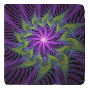 Purple Green Flower Modern Abstract Fractal Art Trivet