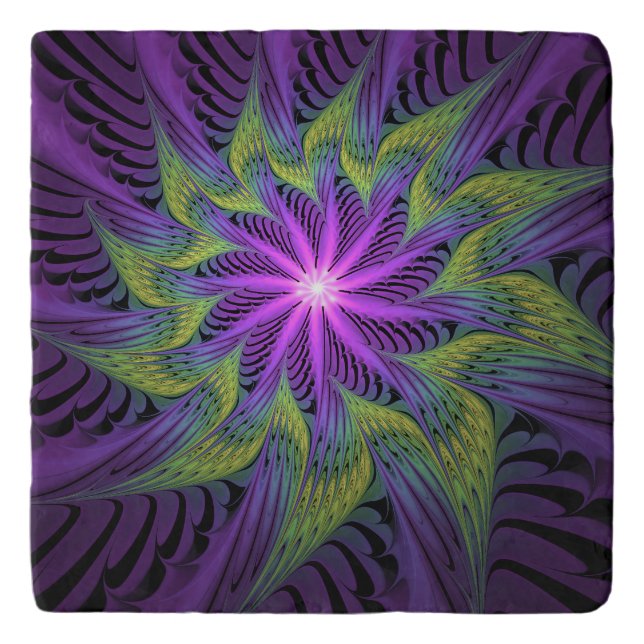 Purple Green Flower Modern Abstract Fractal Art Trivet (Front)