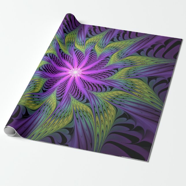 Purple Green Flower Modern Abstract Fractal Art Wrapping Paper (Unrolled)
