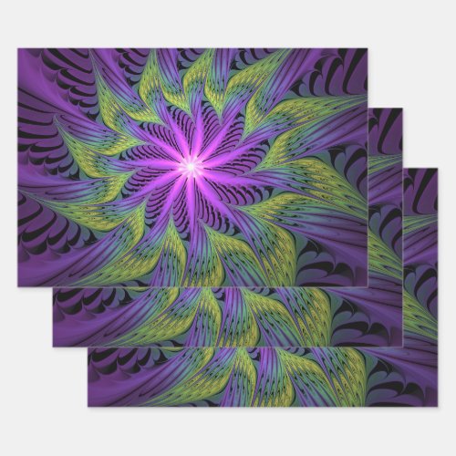 Purple Green Flower Modern Abstract Fractal Art Wrapping Paper Sheets