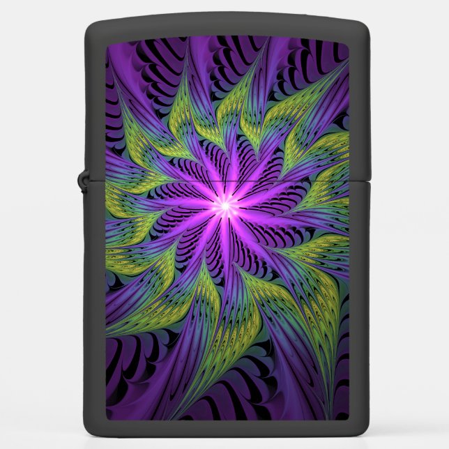 Purple Green Flower Modern Abstract Fractal Art Zippo Lighter (Front)