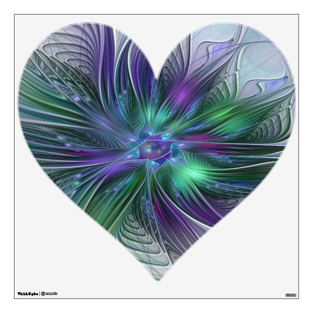 Purple Green Flower Modern Abstract Fractal Heart Wall Decal (Front)