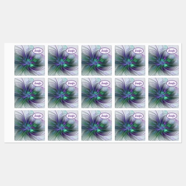 Purple Green Flower Modern Abstract Fractal Name Labels (Sheet)