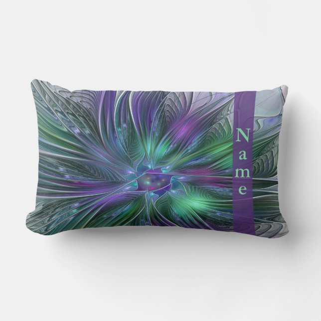 Purple Green Flower Modern Abstract Fractal Name Lumbar Pillow (Front)