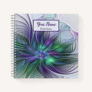 Purple Green Flower Modern Abstract Fractal Name Notebook
