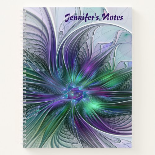Purple Green Flower Modern Abstract Fractal Name Notebook