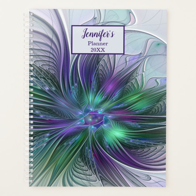 Purple Green Flower Modern Abstract Fractal Name Planner (Front)
