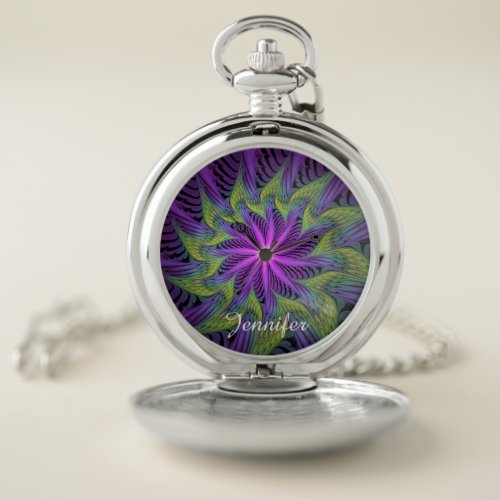 Purple Green Flower Modern Abstract Fractal Name Pocket Watch