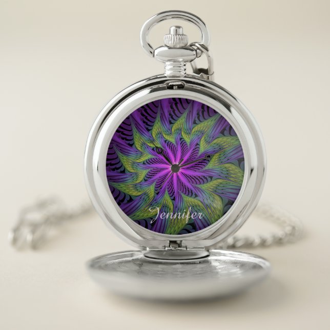 Purple Green Flower Modern Abstract Fractal Name Pocket Watch (Inside)