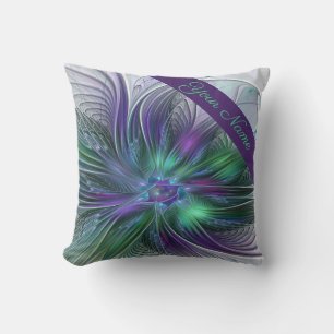 Purple Green Flower Modern Abstract Fractal Name Throw Pillow