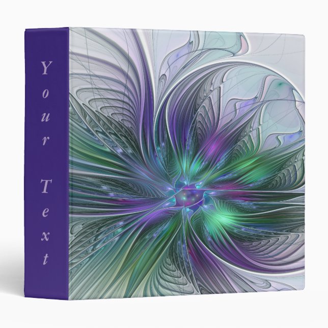 Purple Green Flower Modern Abstract Fractal Text 3 Ring Binder (Front/Spine)