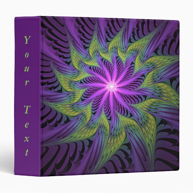Purple Green Flower Modern Abstract Fractal Text 3 Ring Binder (Front/Spine)