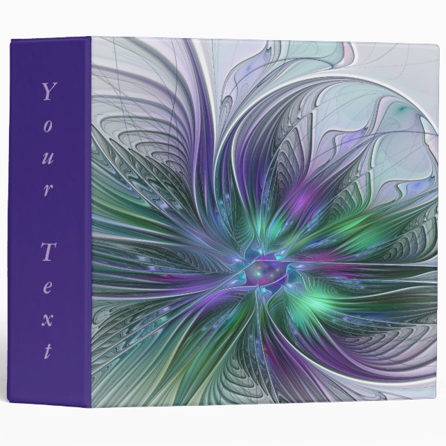 Purple Green Flower Modern Abstract Fractal Text 3 Ring Binder (Front/Spine)