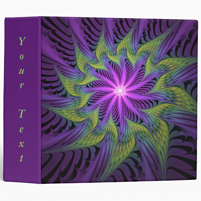 Purple Green Flower Modern Abstract Fractal Text 3 Ring Binder (Front/Spine)