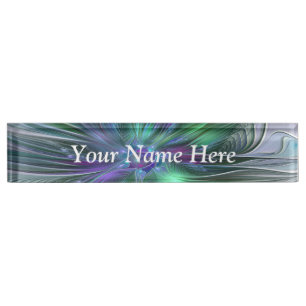 Purple Green Flower Modern Abstract Fractal Text Desk Name Plate