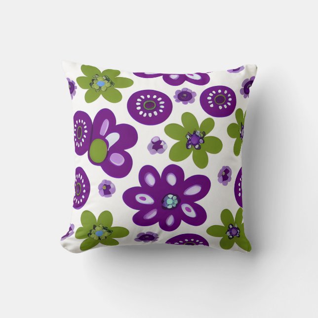 Purple & Green Flowers Throw Pillow (Front)