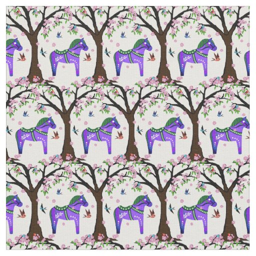 Purple/Green Folk Dala horse/Folk birds/flowers Fabric