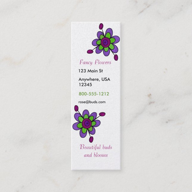 Purple & Green Fun Flowers Mini Business Card (Front)