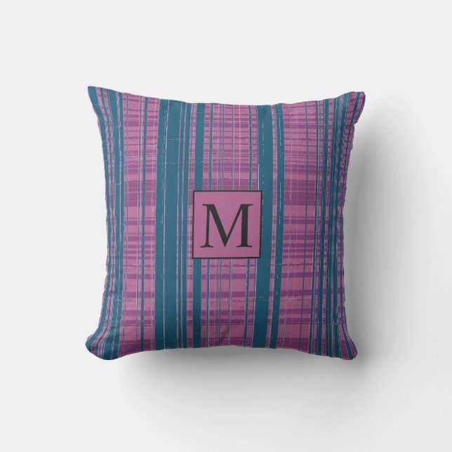 Purple Green Geometric Plaid Patterns Monogram Outdoor Pillow (Front)