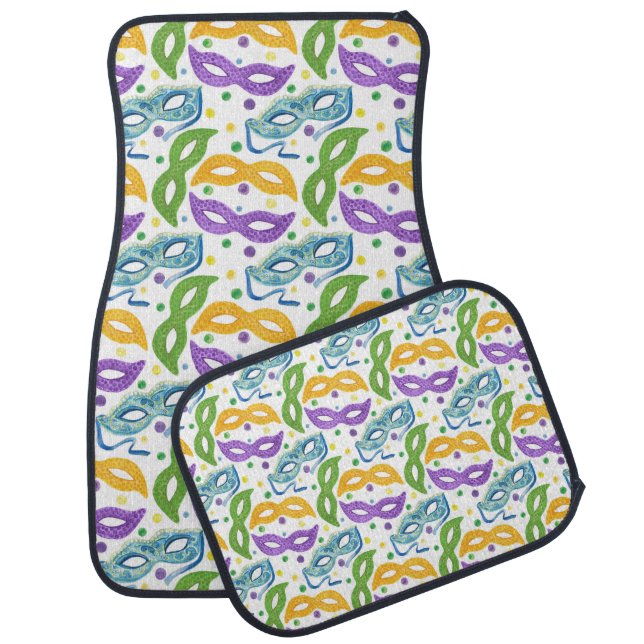 PURPLE GREEN GOLD BLUE MARDI GRAS MASKS CAR FLOOR MAT (Set)