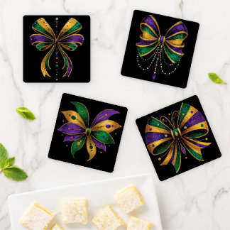 PURPLE GREEN GOLD MARDI GRAS BOWS COASTER SET