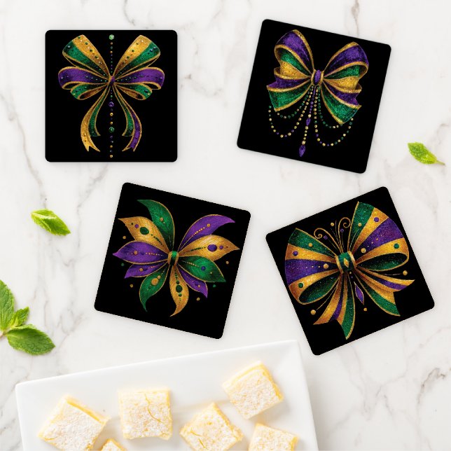 PURPLE GREEN GOLD MARDI GRAS BOWS COASTER SET (In Situ)