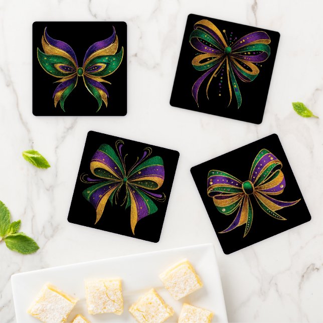 PURPLE GREEN GOLD MARDI GRAS BOWS COASTER SET (In Situ)