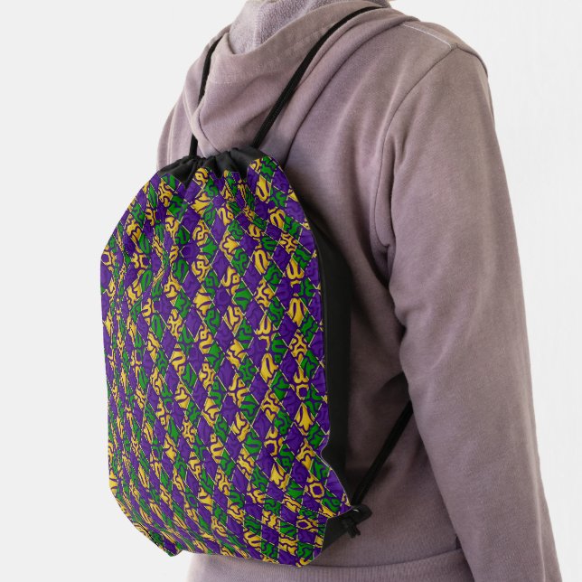 PURPLE GREEN GOLD MARDI GRAS DIAMOND PATTERN DRAWSTRING BAG (Insitu)