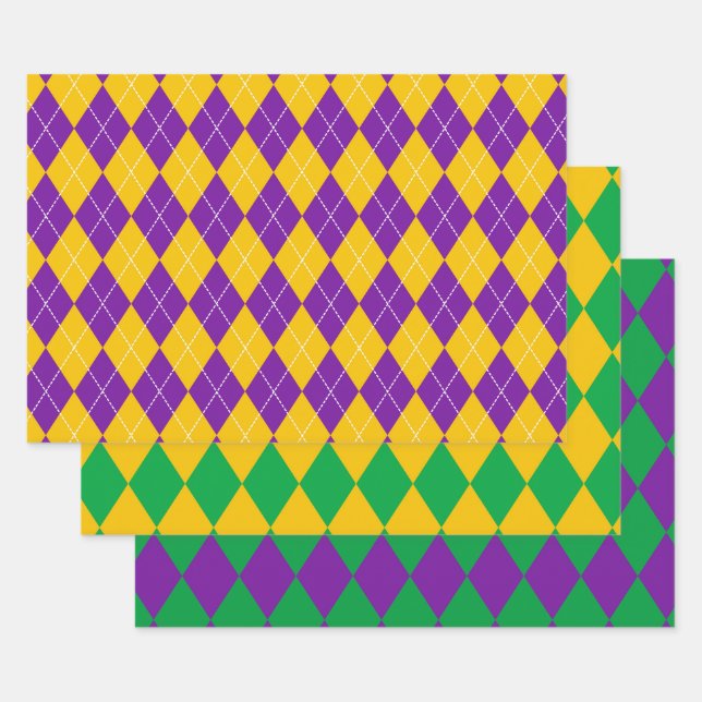 PURPLE GREEN GOLD MARDI GRAS DIAMOND PATTERN WRAPPING PAPER SHEETS (Set)