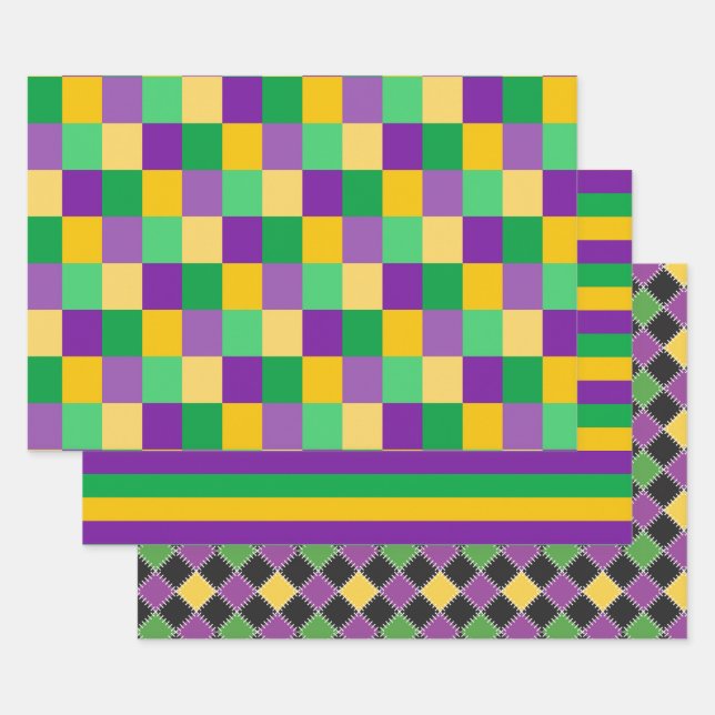 PURPLE GREEN GOLD MARDI GRAS DIAMOND STRIPES WRAPPING PAPER SHEETS (Set)