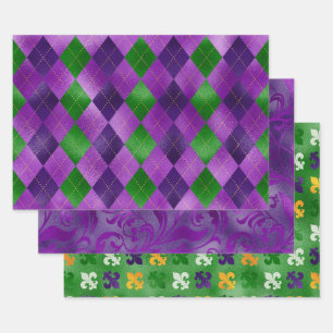 PURPLE GREEN GOLD MARDI GRAS FLEUR DI LIS DIAMOND WRAPPING PAPER SHEETS