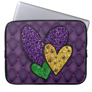 PURPLE GREEN GOLD MARDI GRAS HEARTS LAPTOP SLEEVE