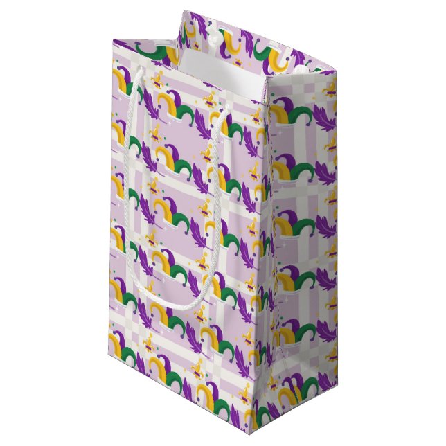 PURPLE GREEN GOLD MARDI GRAS JESTERS HATS SMALL GIFT BAG (Front Angled)