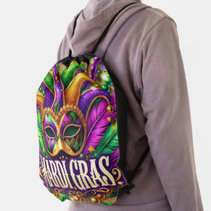 PURPLE GREEN GOLD MARDI GRAS MASK & BEADS DRAWSTRING BAG