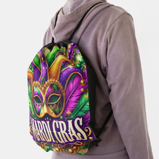 PURPLE GREEN GOLD MARDI GRAS MASK & BEADS DRAWSTRING BAG (Insitu)