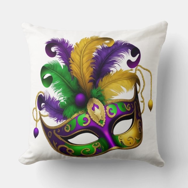 PURPLE GREEN GOLD MARDI GRAS MASK THROW PILLOW (Front)