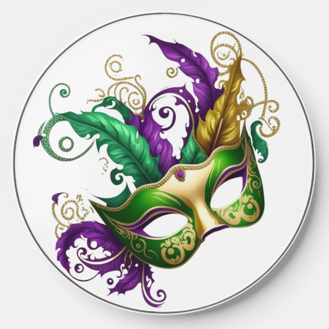 PURPLE GREEN GOLD MARDI GRAS MASK WITH FEATHERS WIRELESS CHARGER  (Front)