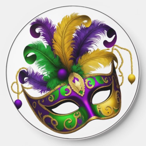 PURPLE GREEN GOLD MARDI GRAS MASK WITH FEATHERS WIRELESS CHARGER 