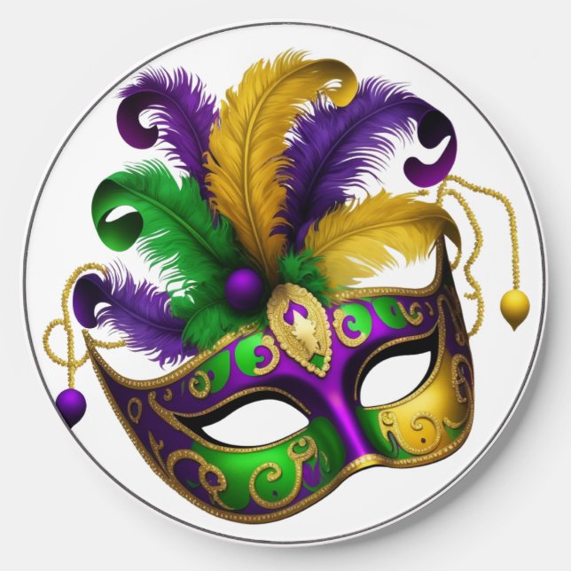 PURPLE GREEN GOLD MARDI GRAS MASK WITH FEATHERS WIRELESS CHARGER  (Front)