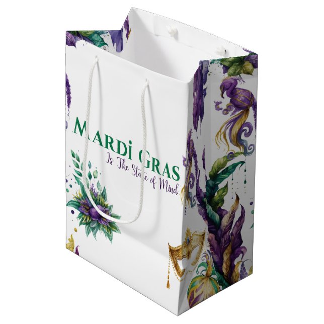 PURPLE GREEN GOLD MARDI GRAS MASKS FEATHERS MEDIUM GIFT BAG (Front Angled)