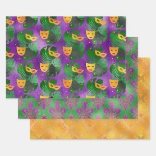 PURPLE GREEN GOLD MARDI GRAS MASKS FEATHERS WRAPPING PAPER SHEETS
