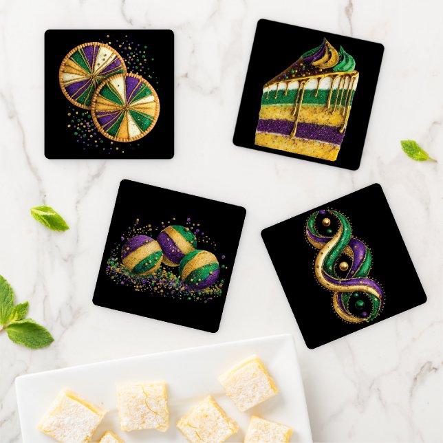 PURPLE GREEN GOLD MARDI GRAS THEME COASTER SET (In Situ)