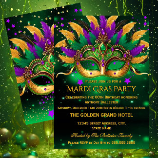 Purple Green Gold Masks Mardi Gras Birthday Party Invitation