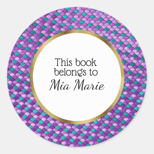 Purple Green Gold Mermaid Scales Book Name Plate Classic Round Sticker