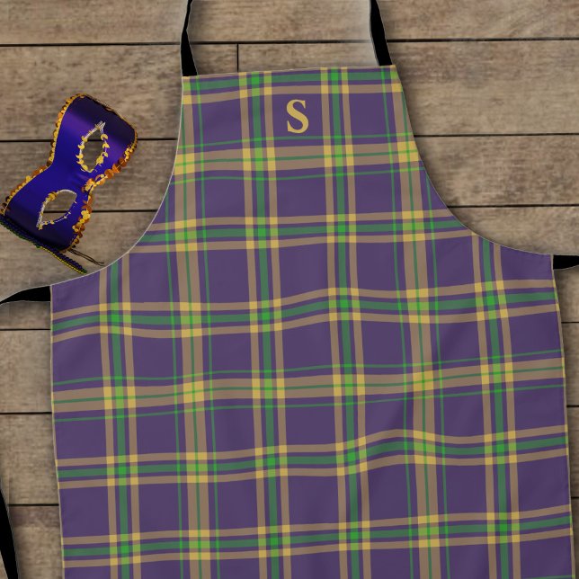Purple Green Gold Plaid Mardi Gras Tartan Apron (A fun purple, gold & green plaid tartan apron inspired by the colors of Mardi Gras. Add your initial)