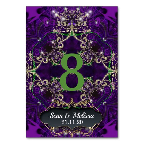 Purple Green Gold Sparkle Table Number Card