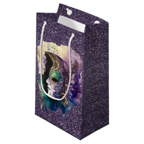 PURPLE GREEN GOLD WATERCOLOR MARDI GRAS MASK SMALL GIFT BAG