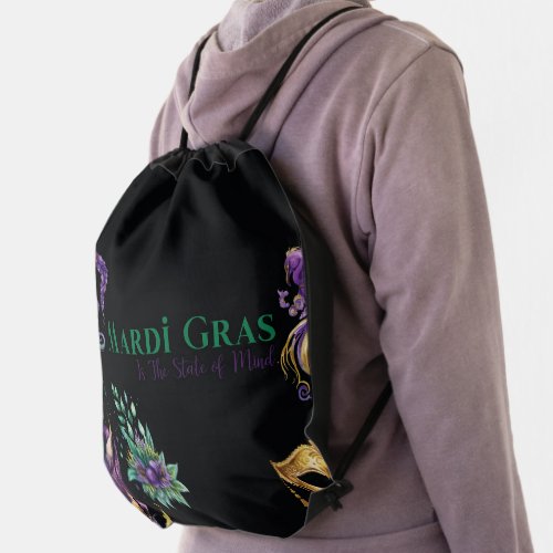 PURPLE GREEN GOLD WATERCOLOR MARDI GRAS MASKS DRAWSTRING BAG