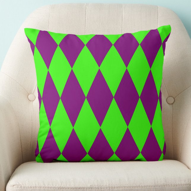 Purple Green Harlequin Checkered Design  Throw Pillow (Creator Uploaded)