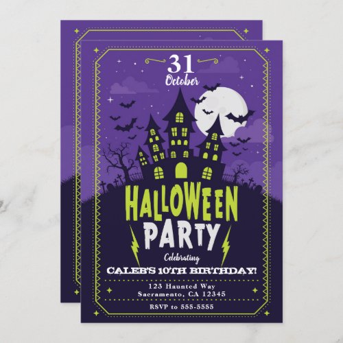 Purple  Green Haunted House Halloween Party Invitation